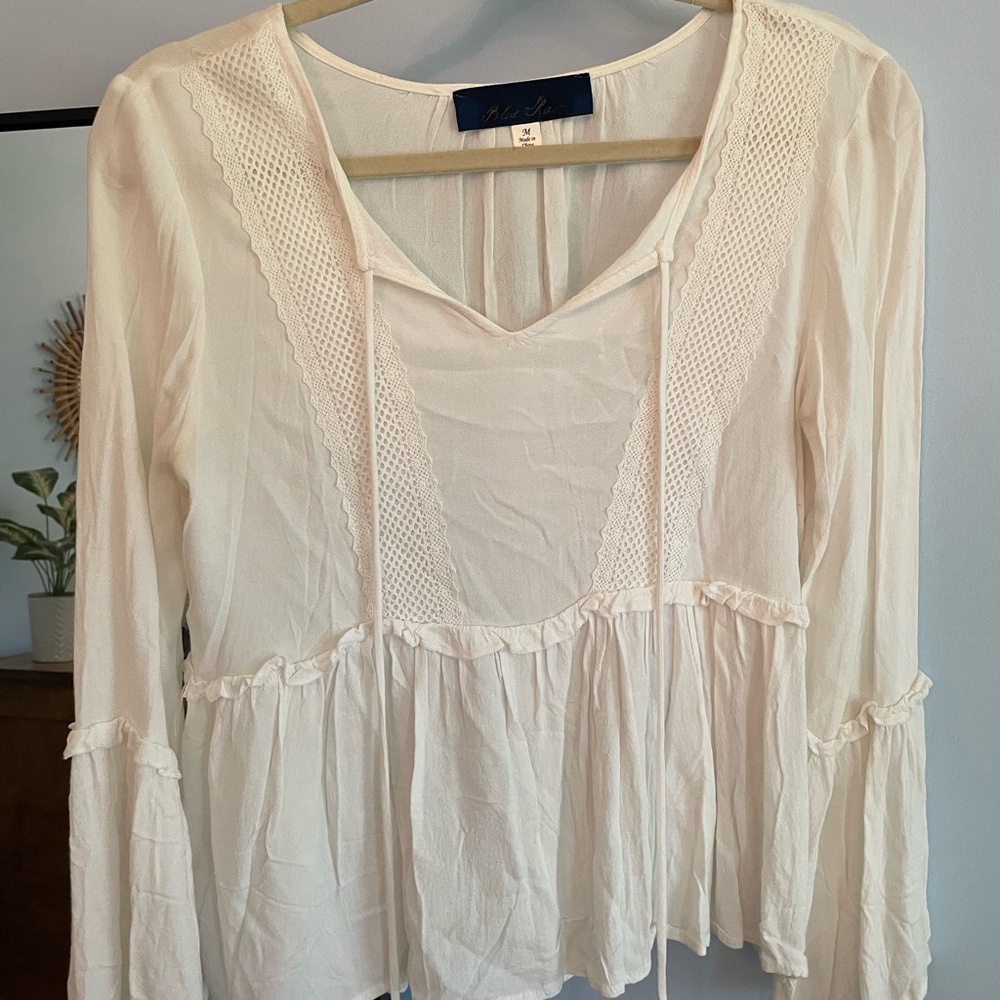 Blue Rain White Bell Sleeve Tie Front Blouse